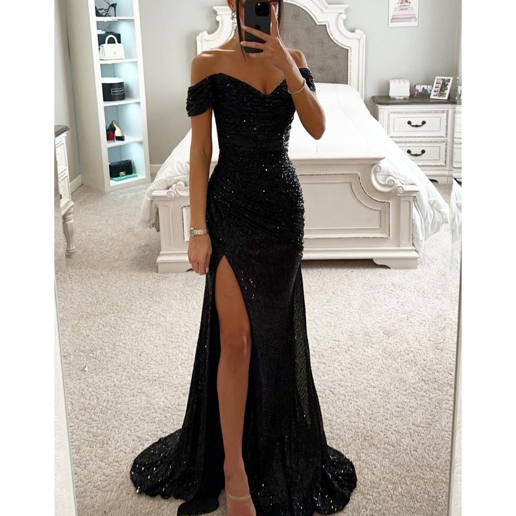 Sequins Off-neck Split Dress - Beuti-Ful