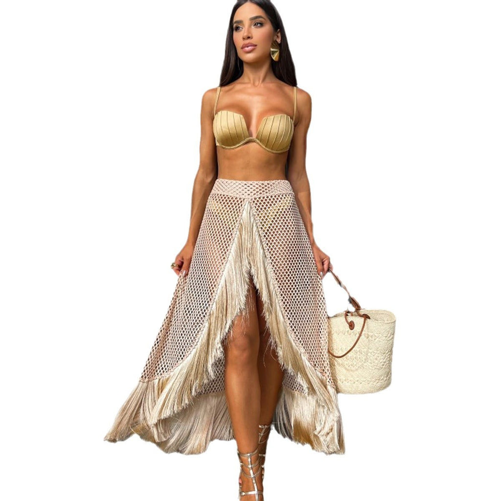 Women's Bikini Half-length Tulle Skirt Tassel Three-piece Suit