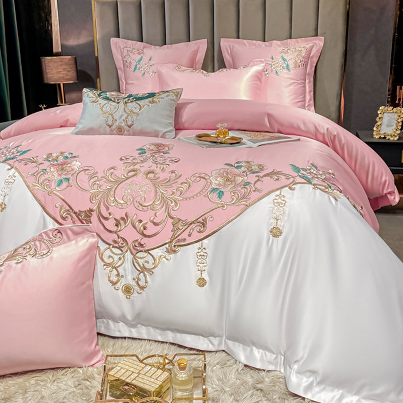 Champagne Flower Embroidery Four-piece Luxury Bedding Set - Beuti-Ful