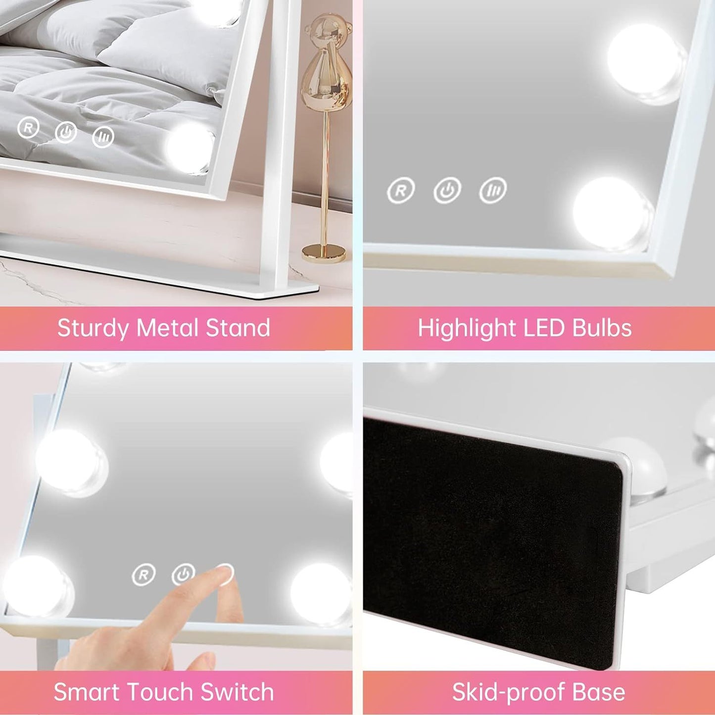 Lighted Makeup Vanity Mirror,  With 9 Dimmable Bulbs And 3 Color Lighting Modes, Smart Touch Control