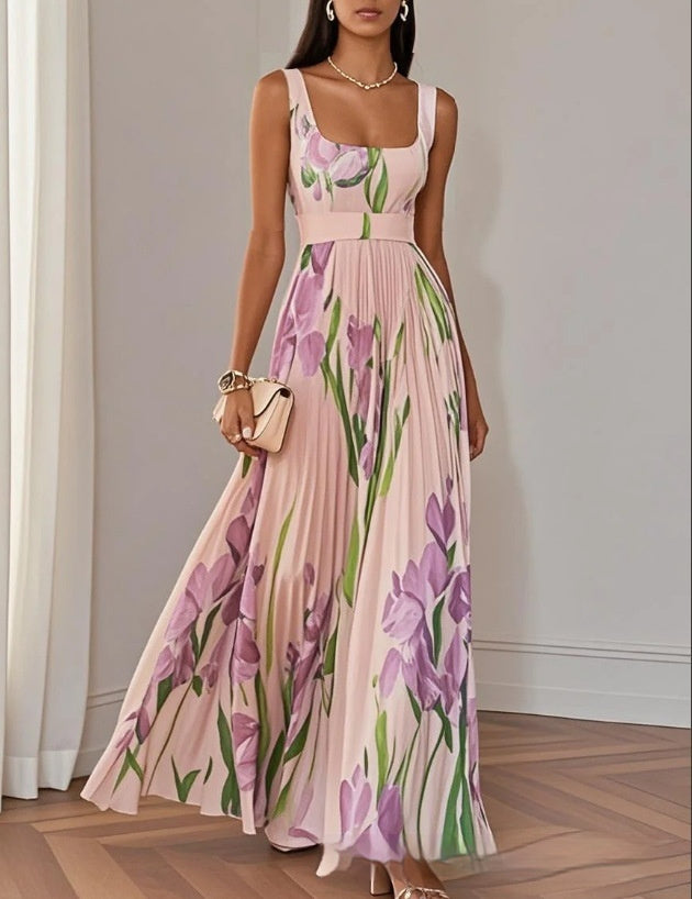 Floral Print Pleated Dress Summer A-Line Sleeveless Midi Dresses Women's Clothing - Beuti-Ful