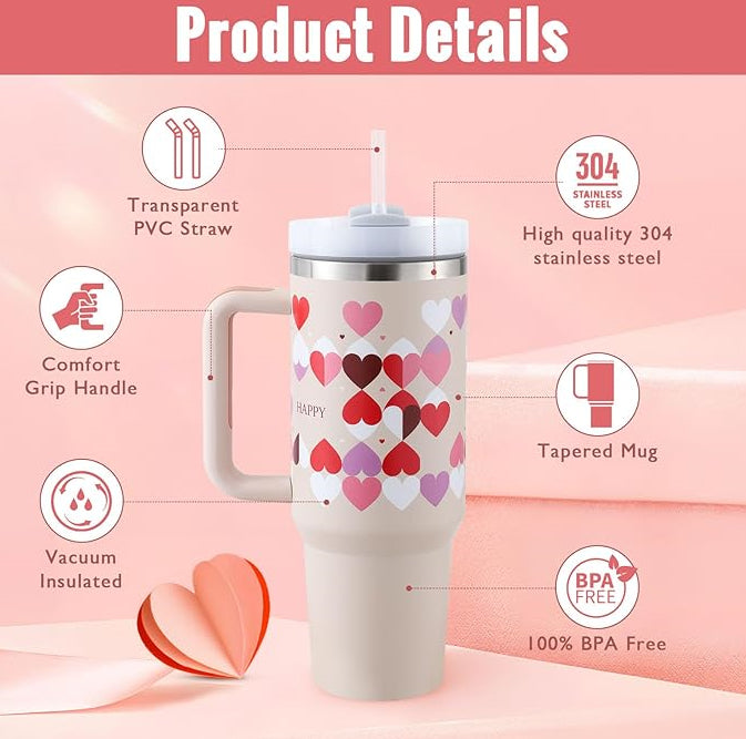 Ochapa 40 Oz Tumbler With Handle Straw Insulated, Stainless Steel Spill Proof Vacuum Coffee Cup Tumbler With Lid Tapered Mug Gifts For Valentine Lover Suitable For Car Gym Office Travel - Beuti-Ful