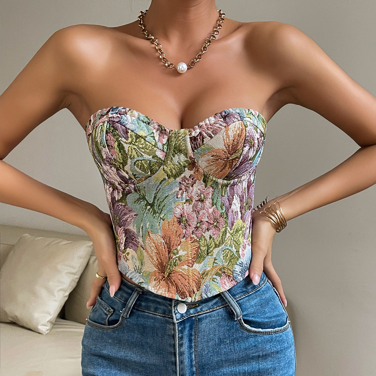 Floral Print Tube Vest Top With Back-tied Design INS Crop Corset Tank Top