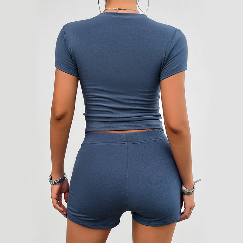 Solid Color Slim Sports Suit Summer 2Pcs Short-sleeved Round Neck T-shirt and Elastic Shorts - Beuti-Ful