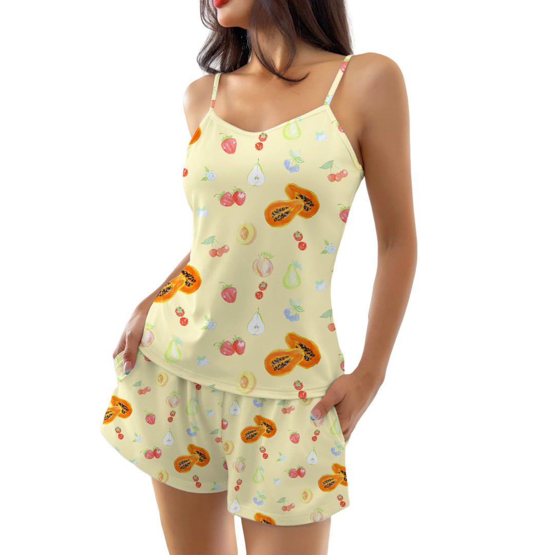 Strap-printed Loose-fitting Short-sleeve Shorts Set - Beuti-Ful