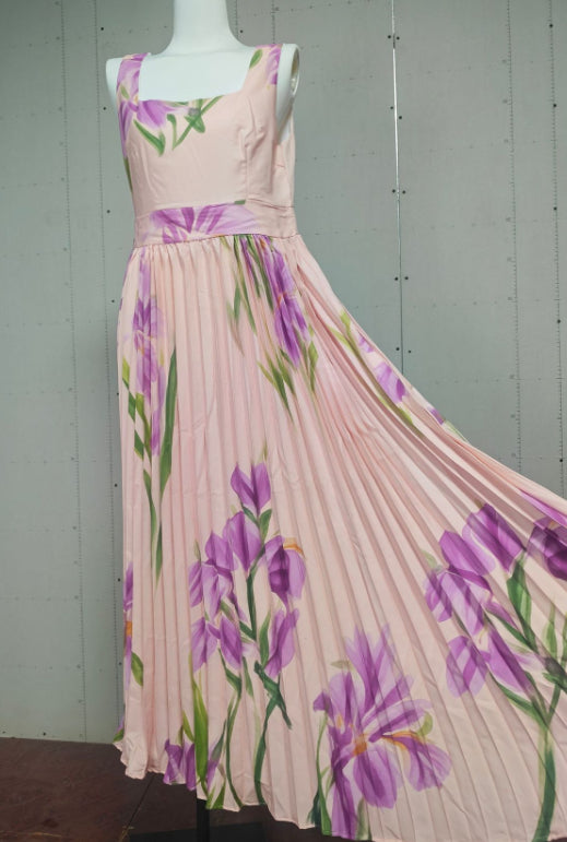 Floral Print Pleated Dress Summer A-Line Sleeveless Midi Dresses Women's Clothing - Beuti-Ful