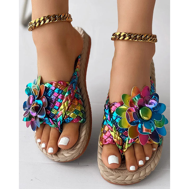 Women's Fashion Casual Shoes Flat Holiday Woven Printed Beach Flip Flops - Beuti-Ful