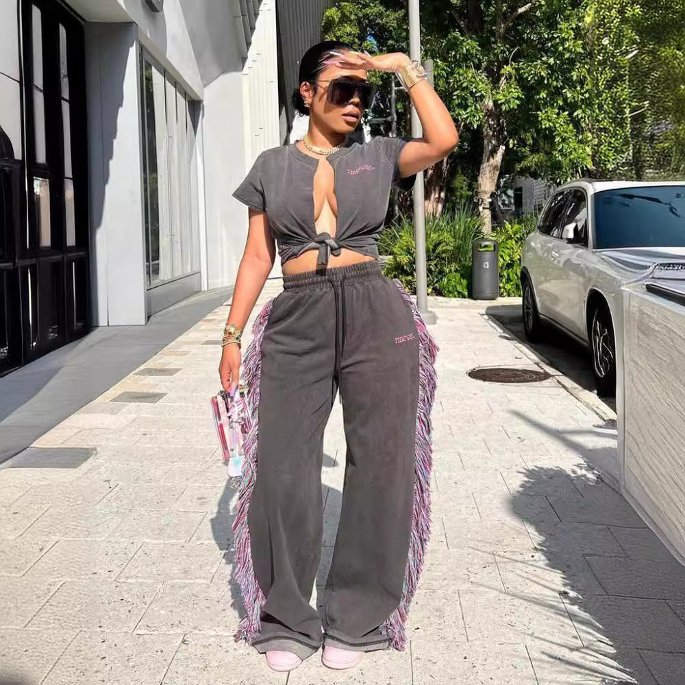 High Waist Multicolor Tassel Fashion Letters Printed Casual Jumpsuit - Beuti-Ful