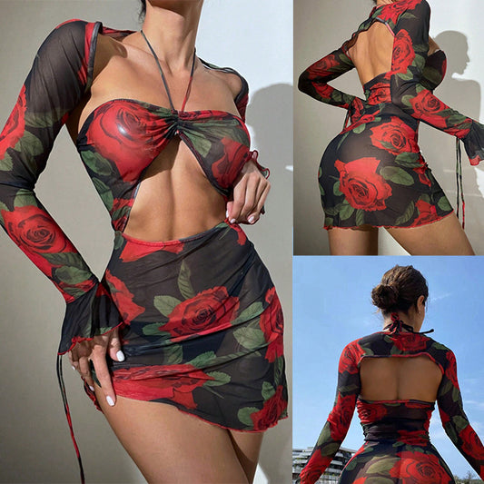 Sexy Backless Print Lace-up Swimsuit Sun Protection Blouse