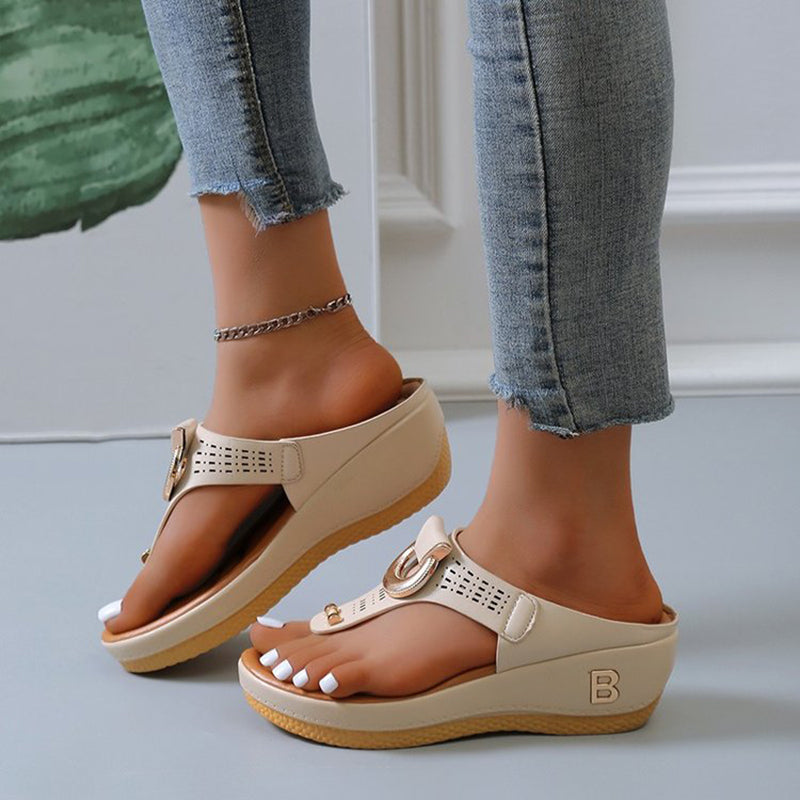 Thong Sandals Women High Heel Wedges Shoes Flip Flops Metal Decorative Slides Slippers - Beuti-Ful