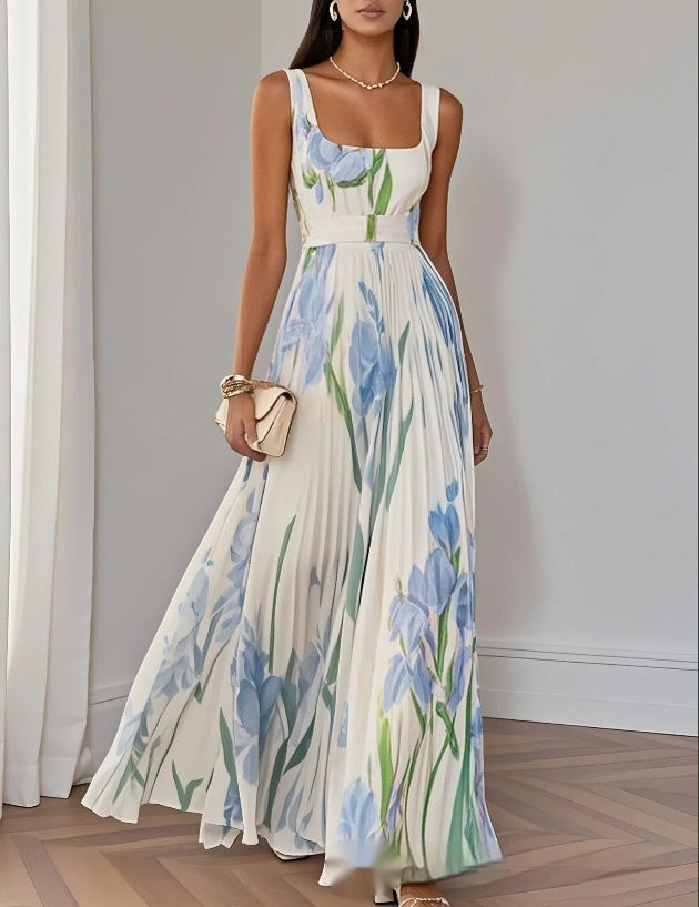 Floral Print Pleated Dress Summer A-Line Sleeveless Midi Dresses Women's Clothing - Beuti-Ful